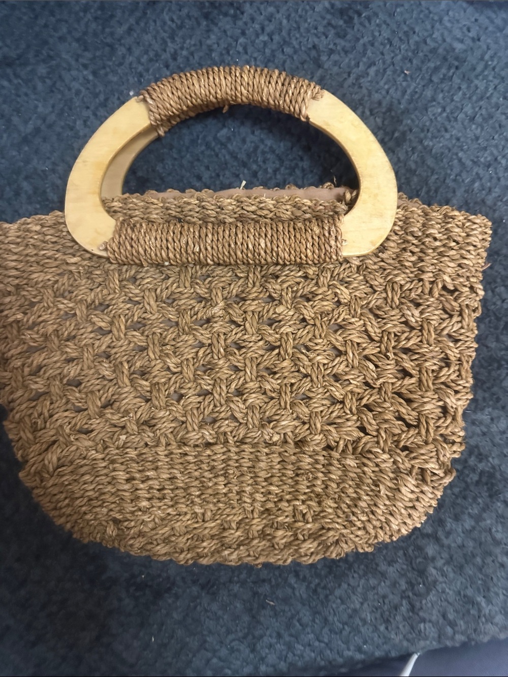 Handwoven Straw Tote with Wooden Handles - Brown